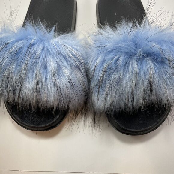 Faux Fox Fur Slides/Slippers Women's US 7.5-8 Light Blue Fuzzy Fluffy Flat Soft - Picture 5 of 15